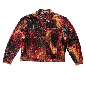 Elementz Women’s XL Red Orange Abstract Clear Sequins Button Up Blouse #MITJ0002